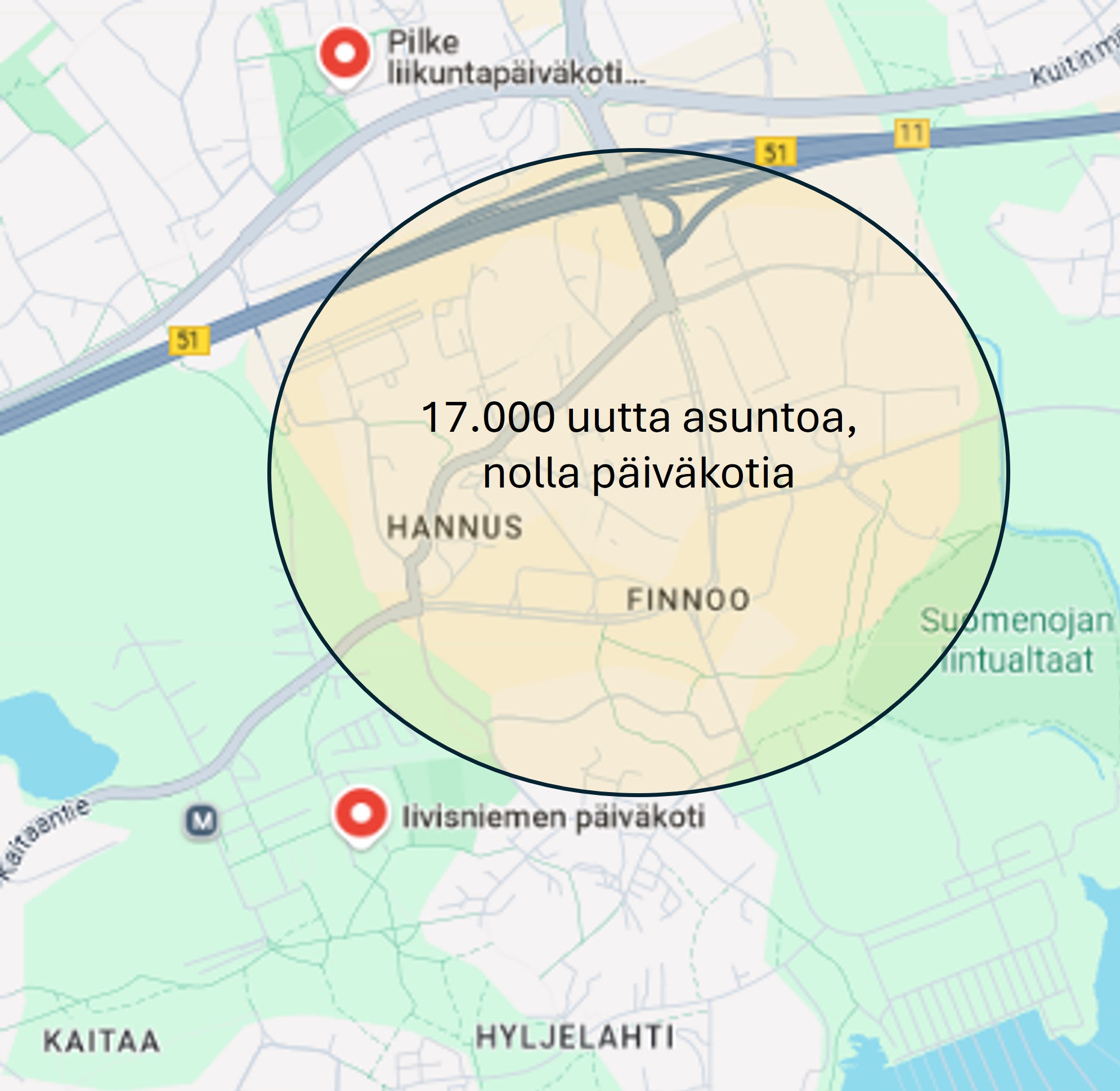 Kartta missä Finnoosta puuttuu päiväkodit